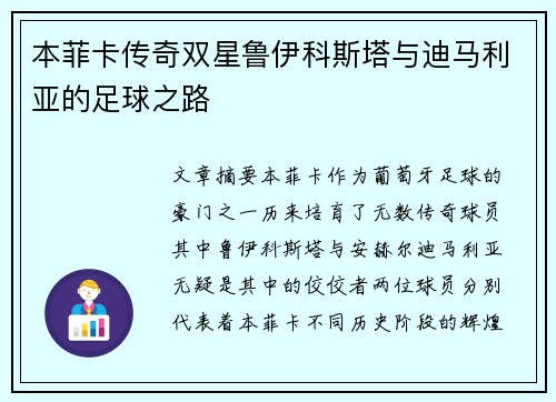 本菲卡传奇双星鲁伊科斯塔与迪马利亚的足球之路